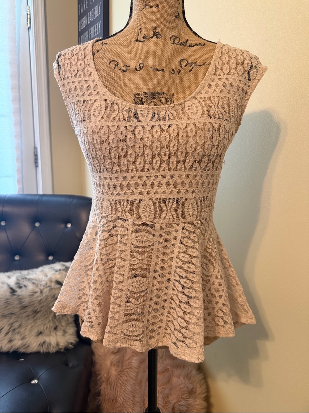 Delicate Lace Peplum Blouse in Nude